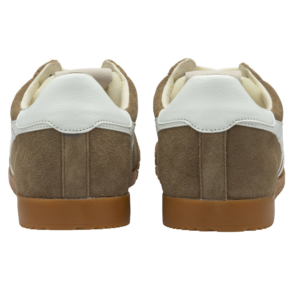 Back view of a pair of brown Gola sneakers with white heels and gum soles.