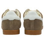 Back view of a pair of brown Gola sneakers with white heels and gum soles.