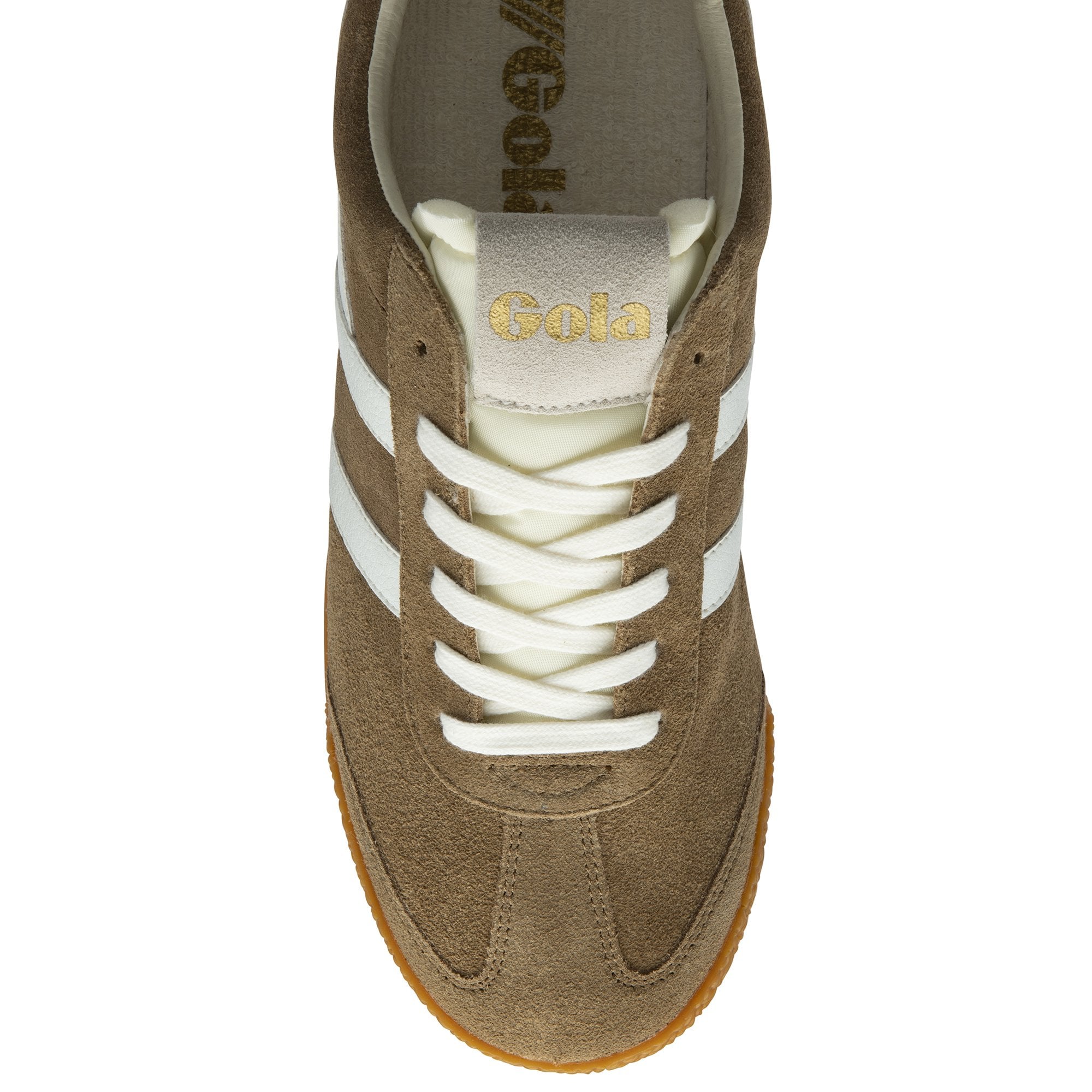Top-down view of a single brown Gola sneaker with white stripes and laces.