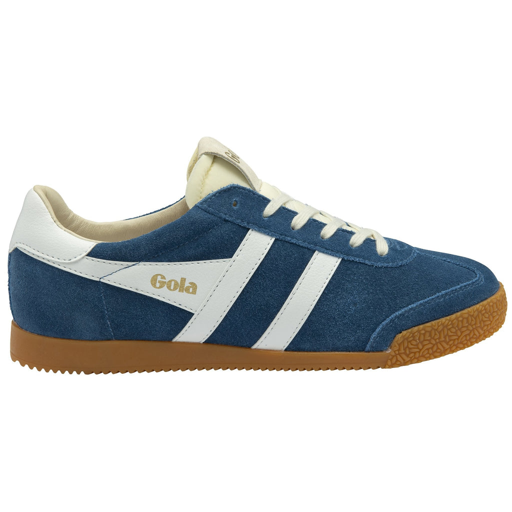 Side profile of a single blue Gola trainer with white stripes and a gum sole.