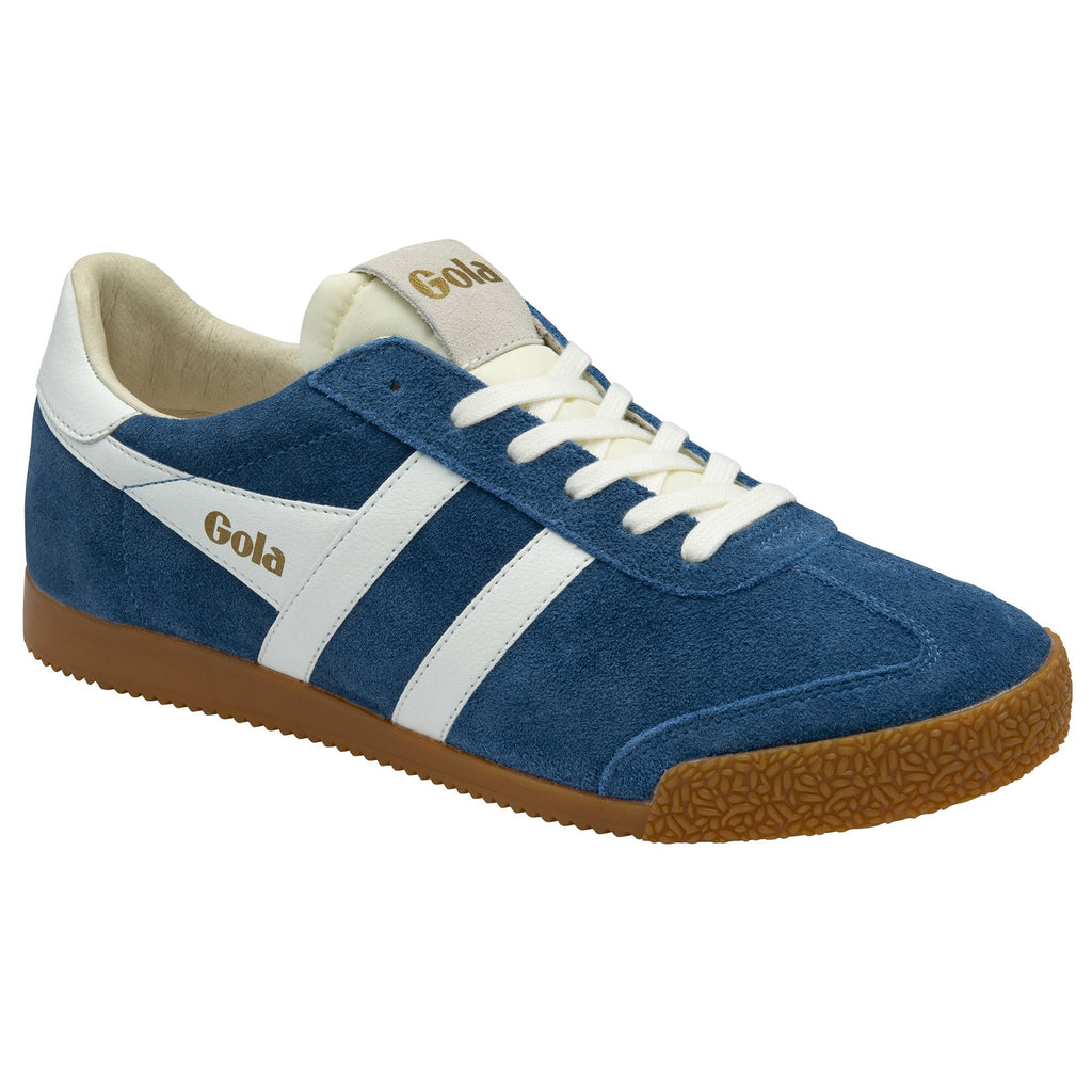 Front side profile of a single blue Gola trainer with white stripes and a gum sole.