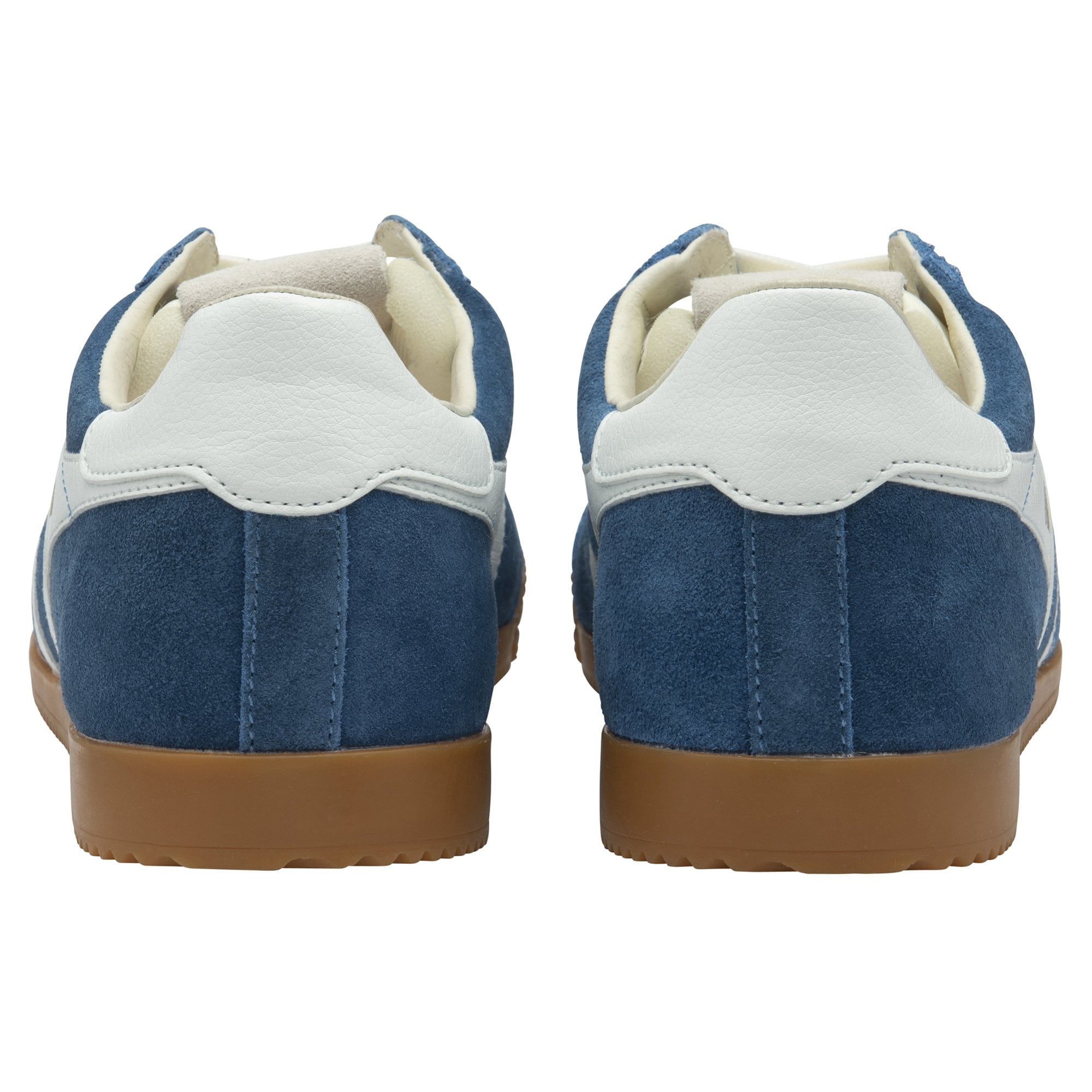 Rear view of a pair of blue Gola trainers with white heel accents and gum soles.