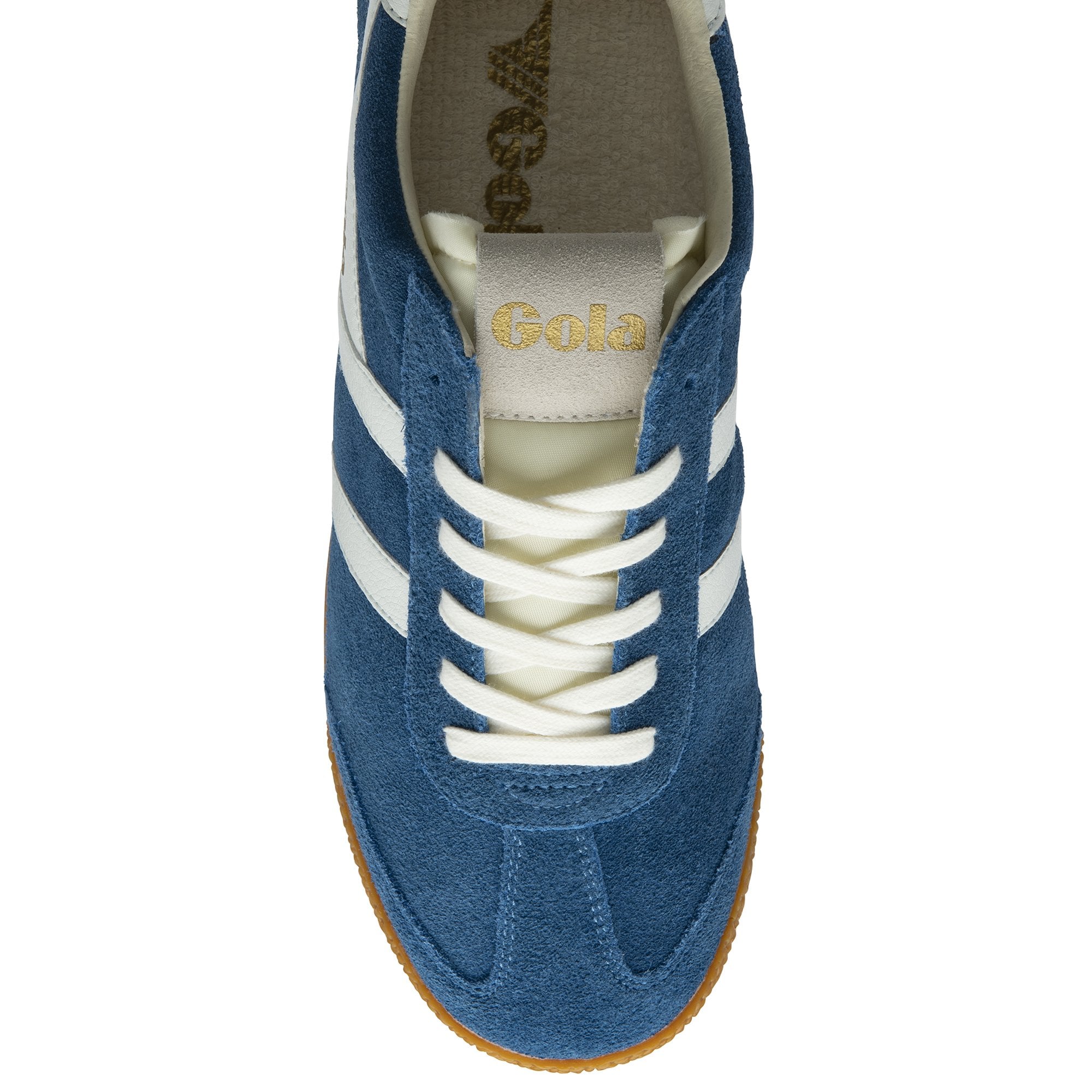 Top-down view of a blue Gola trainer showing white laces and stripes.