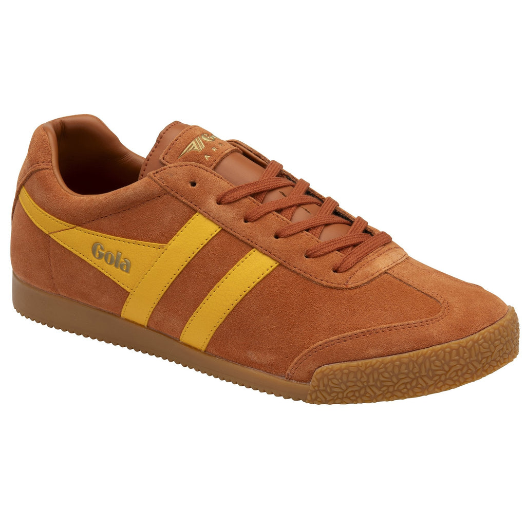 Left side view of a Gola men's sneaker in brown with yellow stripes.