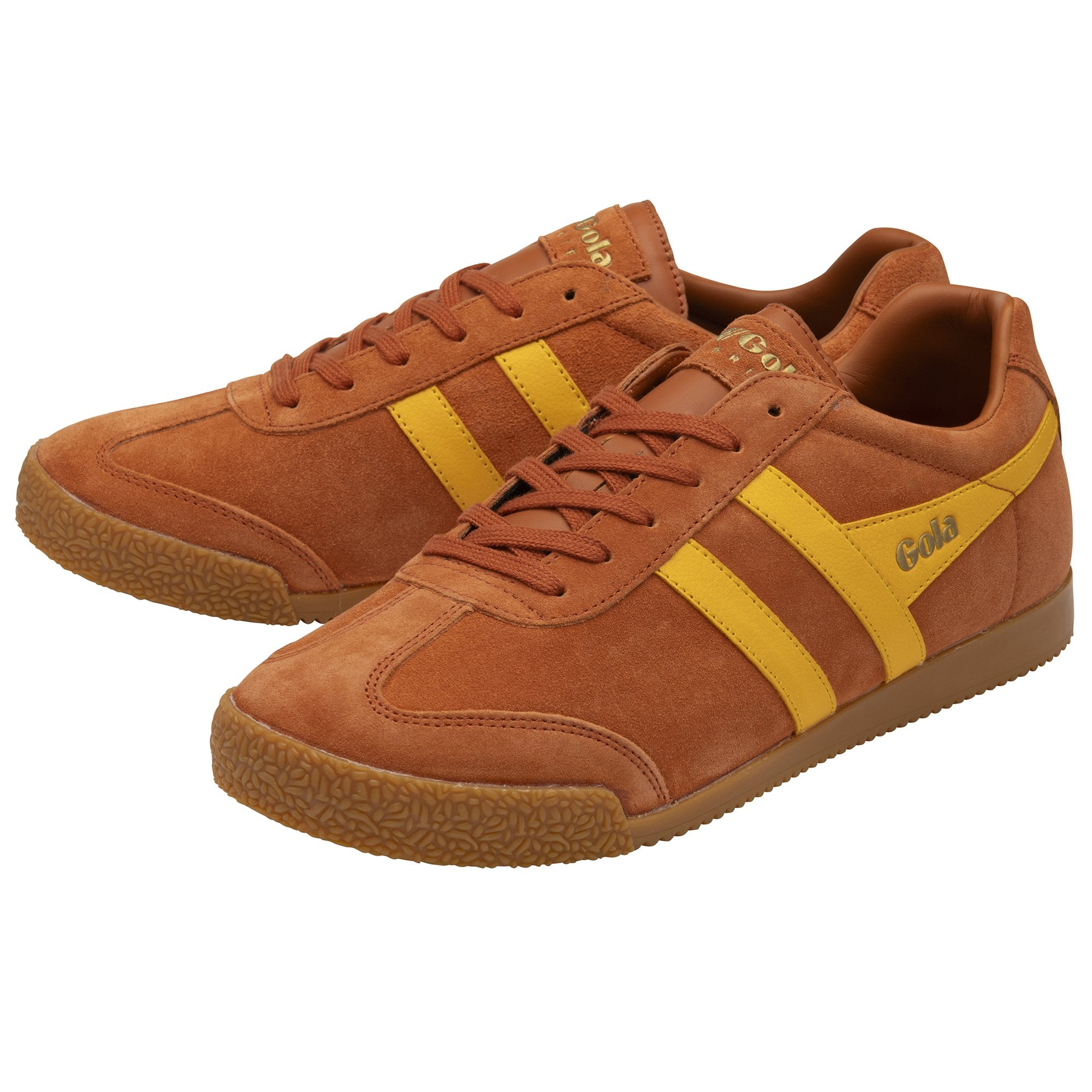 Pair of Gola men's sneakers in brown with yellow stripes, angled view.
