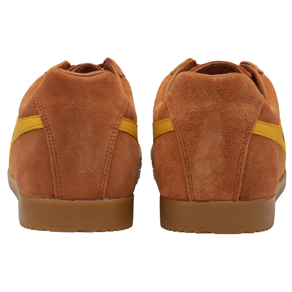 Rear view of a pair of Gola men's sneakers in brown with yellow stripes.