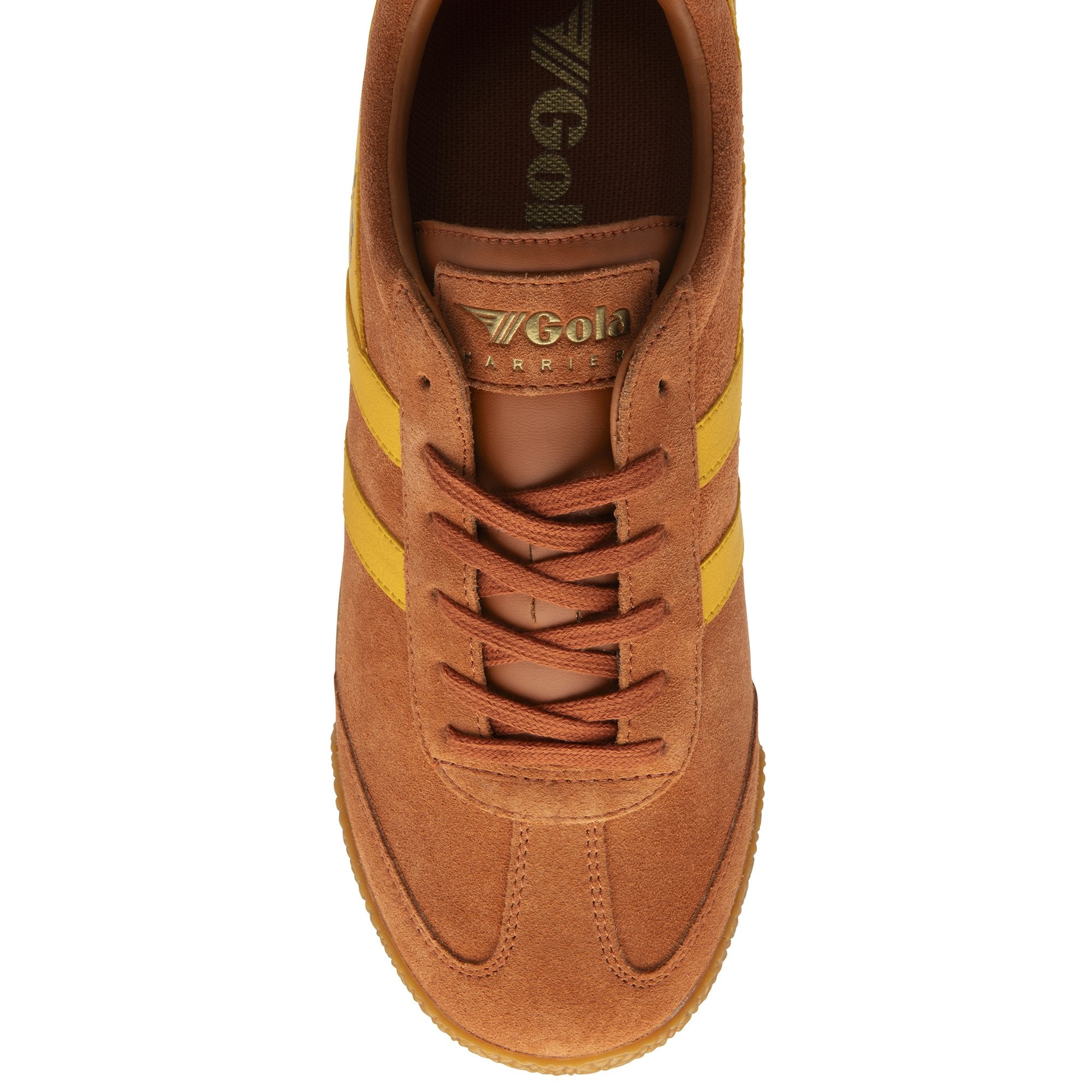 Top down view of a Gola men's sneaker in brown with yellow stripes.