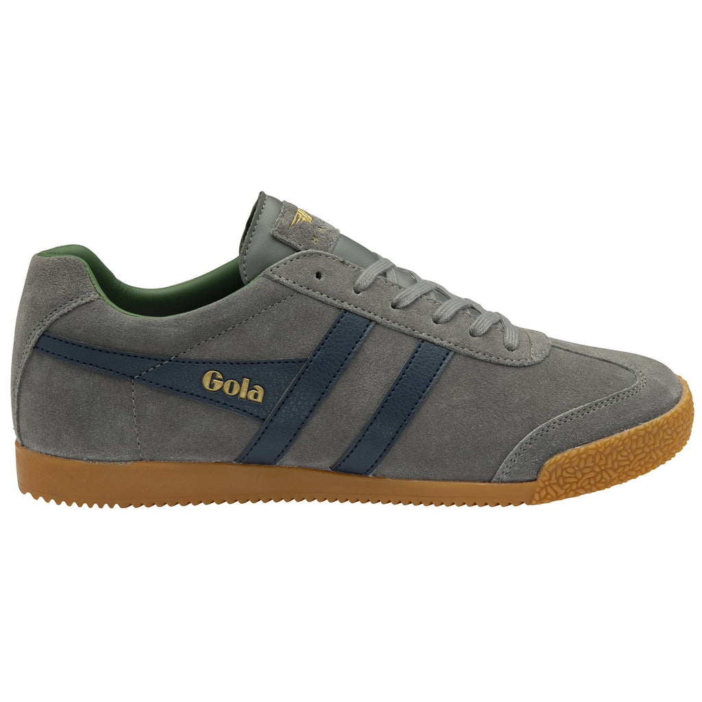 A single gray Gola sneaker with blue stripes and a gum sole, viewed from the side.