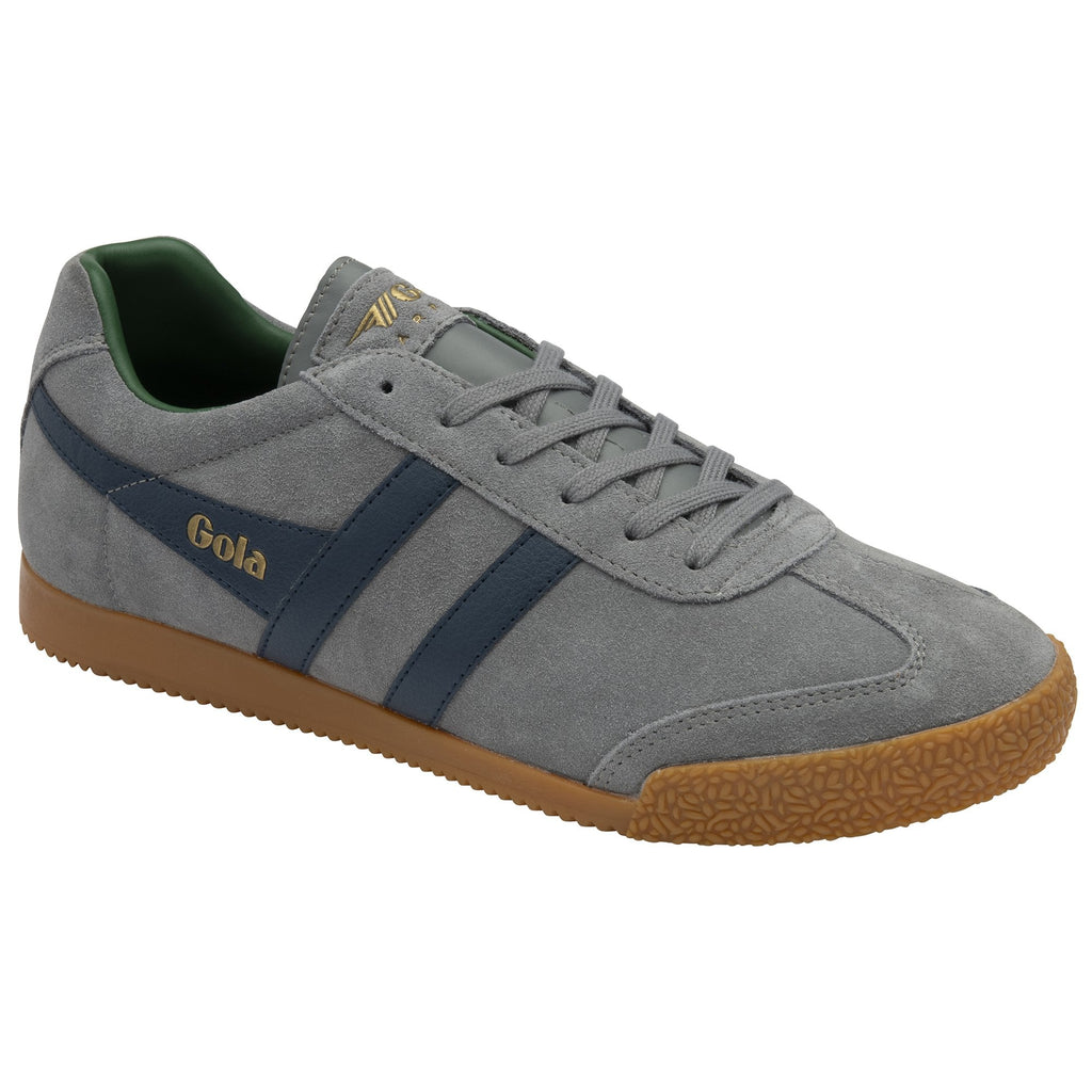 A single gray Gola sneaker with blue stripes and a gum sole, angled slightly.