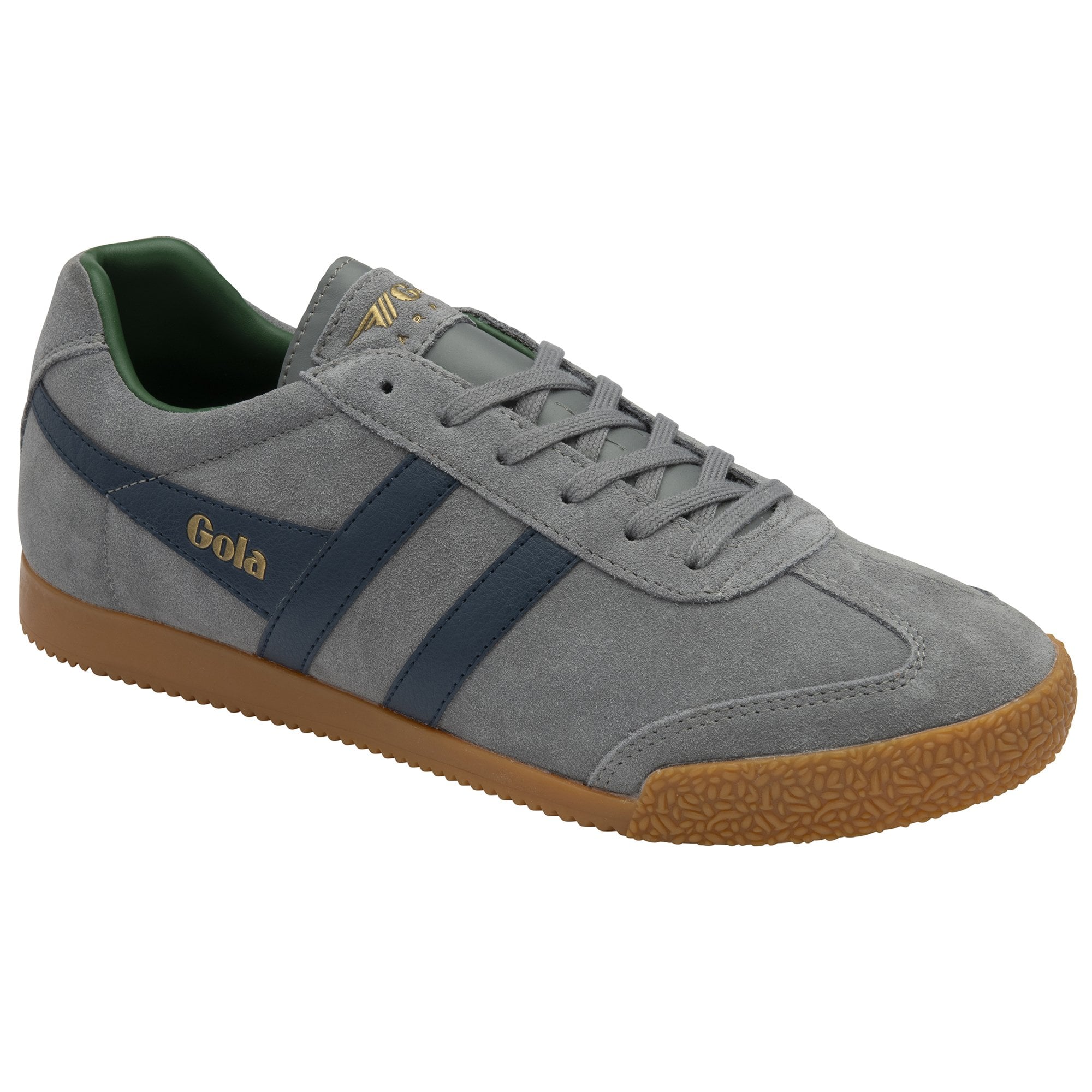 A single gray Gola sneaker with blue stripes and a gum sole, angled slightly.