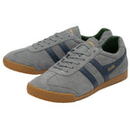 A pair of gray Gola sneakers with blue stripes and gum soles, positioned together.