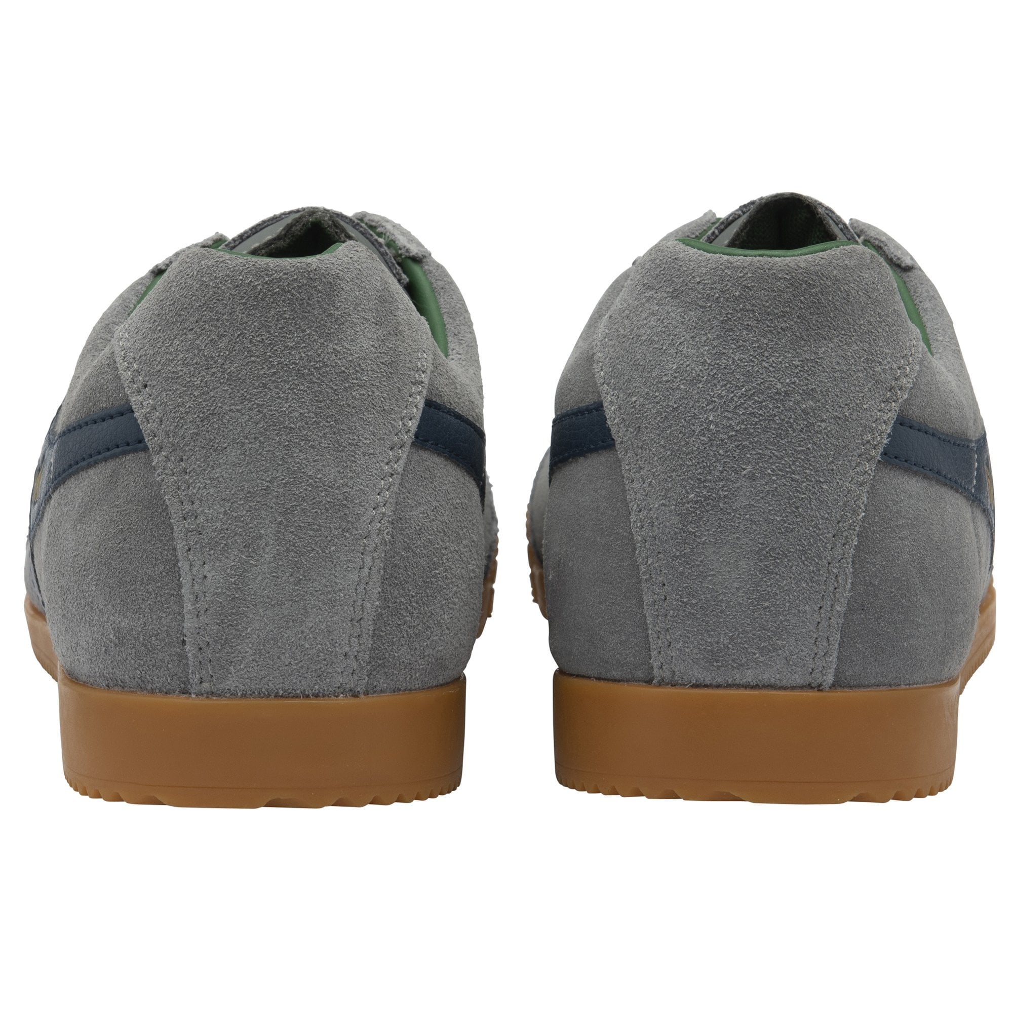 The back view of a pair of gray Gola sneakers, showing the heels and gum soles.