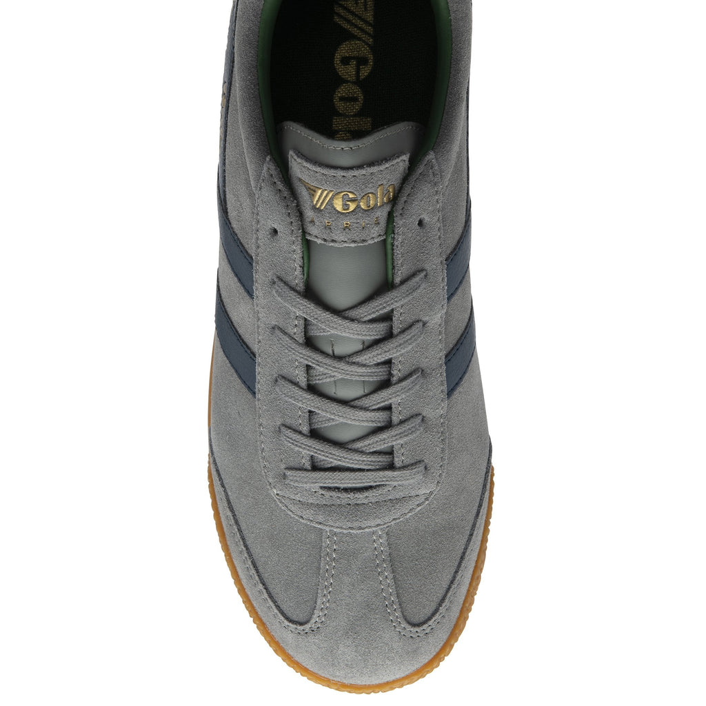 A single gray Gola sneaker with blue stripes and gum sole, viewed from directly above.