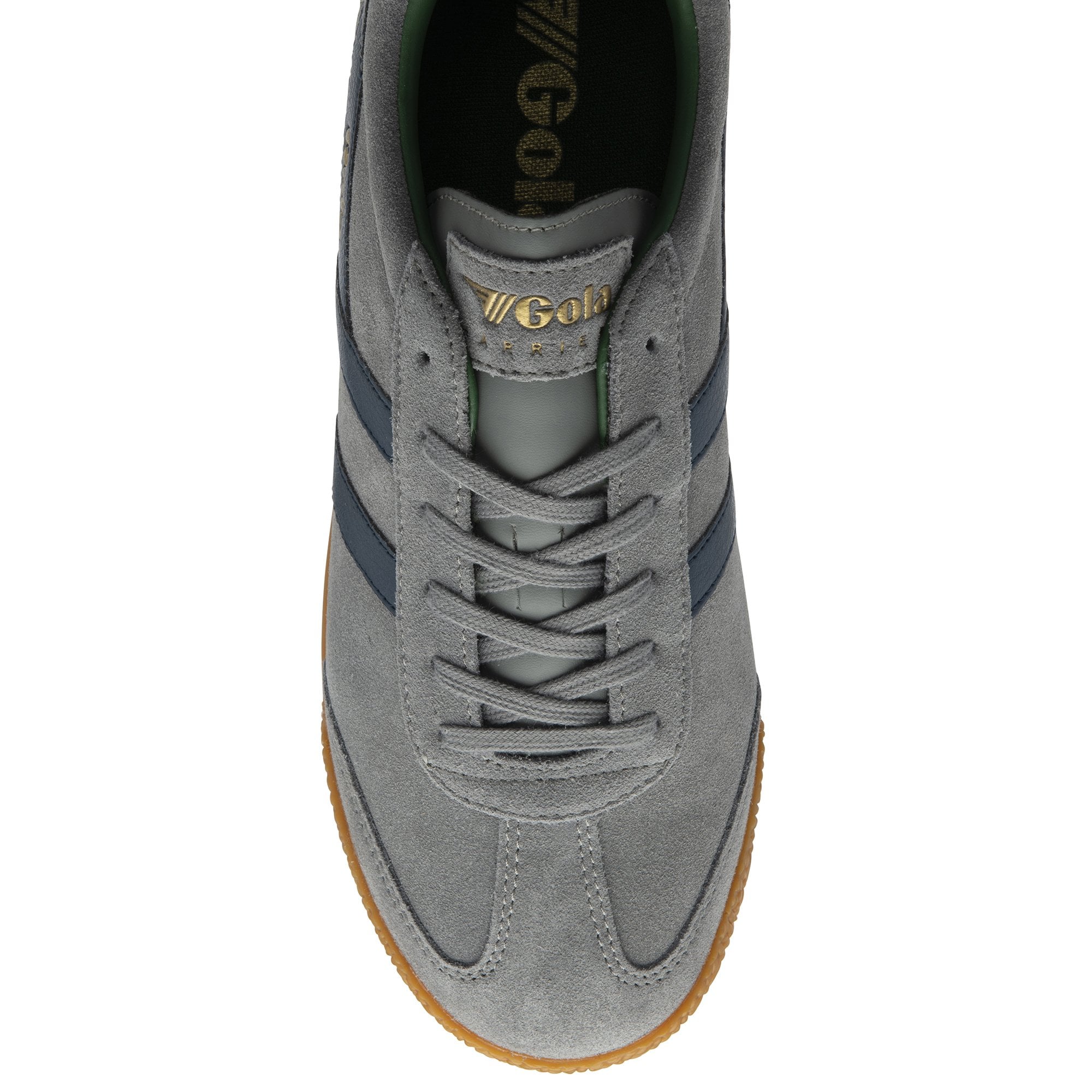 A single gray Gola sneaker with blue stripes and gum sole, viewed from directly above.