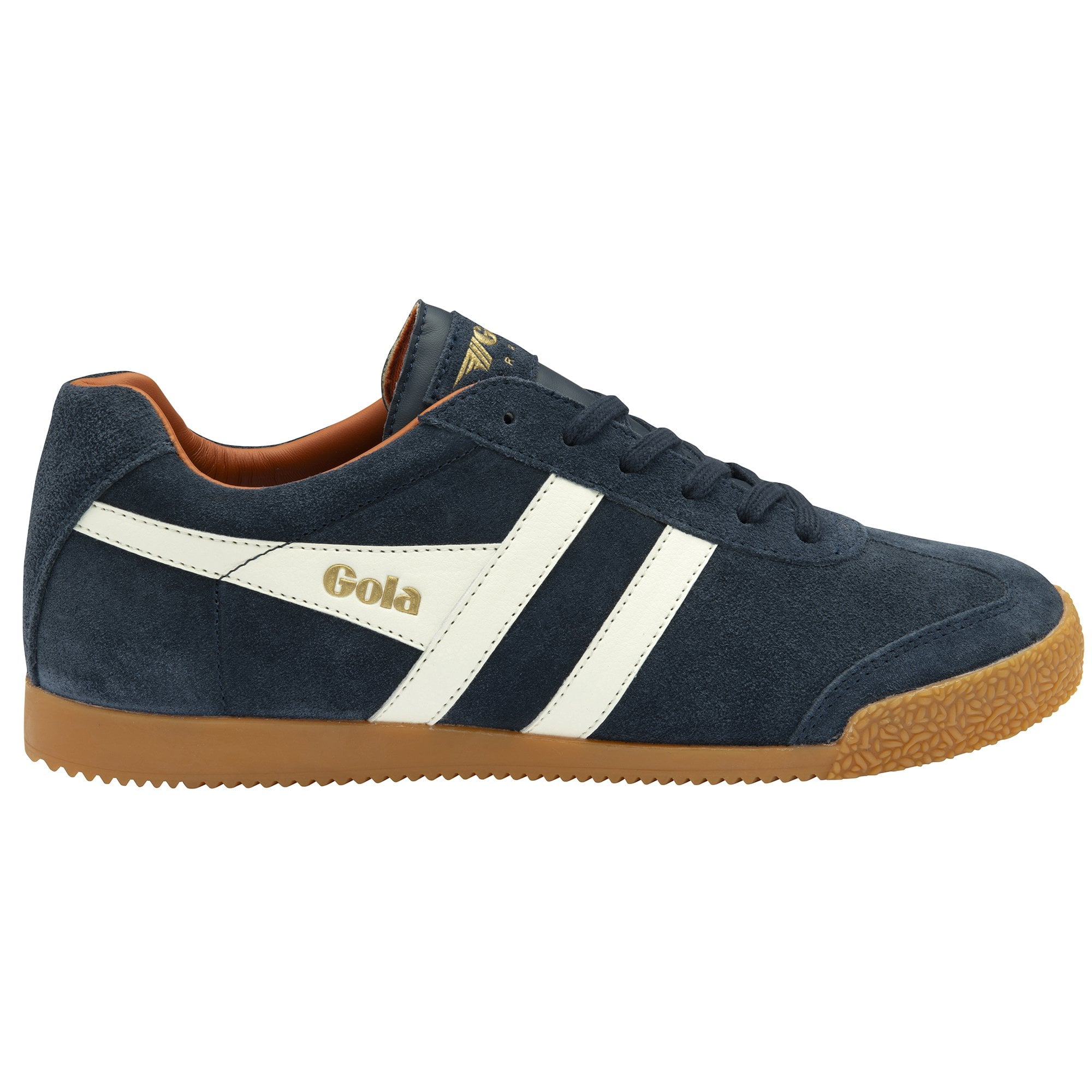 A single men's navy blue Gola Harrier suede trainer with white stripes on a white background.