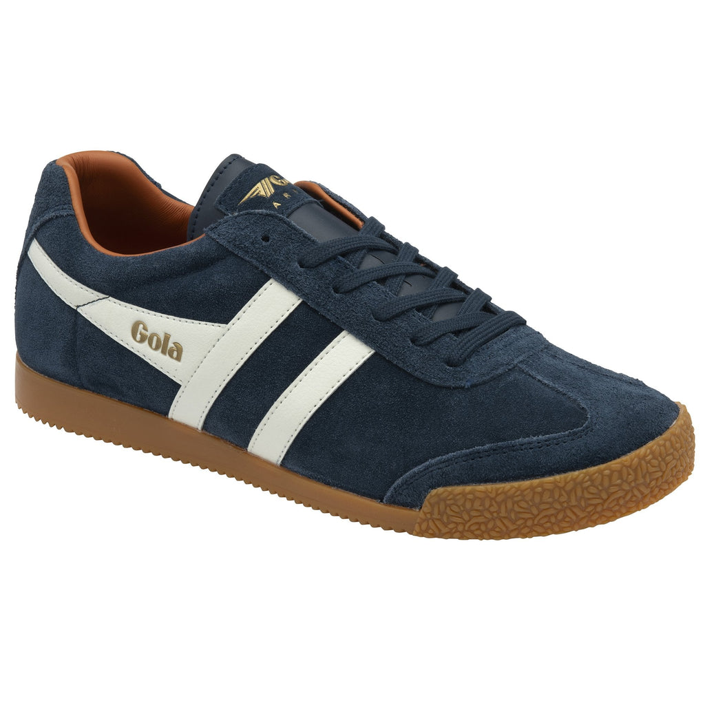 A single men's navy blue Gola Harrier suede trainer with white stripes on a white background.
