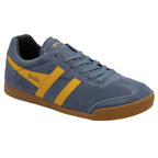 Angled side view of a single Gola men's sneaker in navy with yellow stripes and a gum sole.