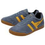 Pair of Gola men's sneakers in navy with yellow stripes and gum soles, angled side view.