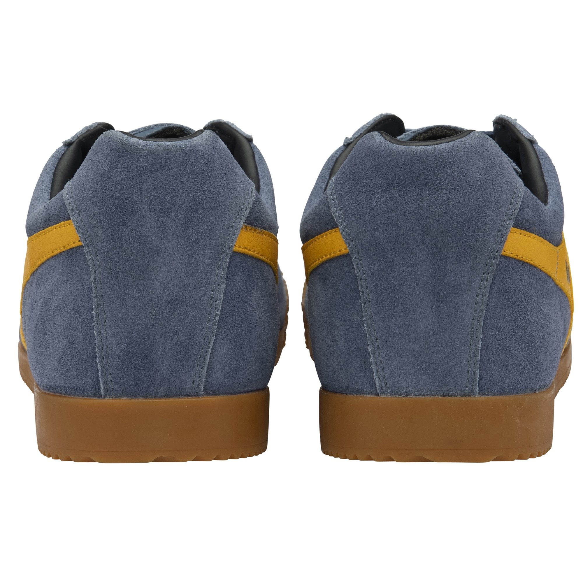 Back view of a pair of Gola men's sneakers in navy with yellow stripes and gum soles.