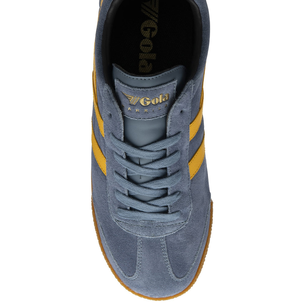 Top down view of a single Gola men's sneaker in navy with yellow stripes and a gum sole.