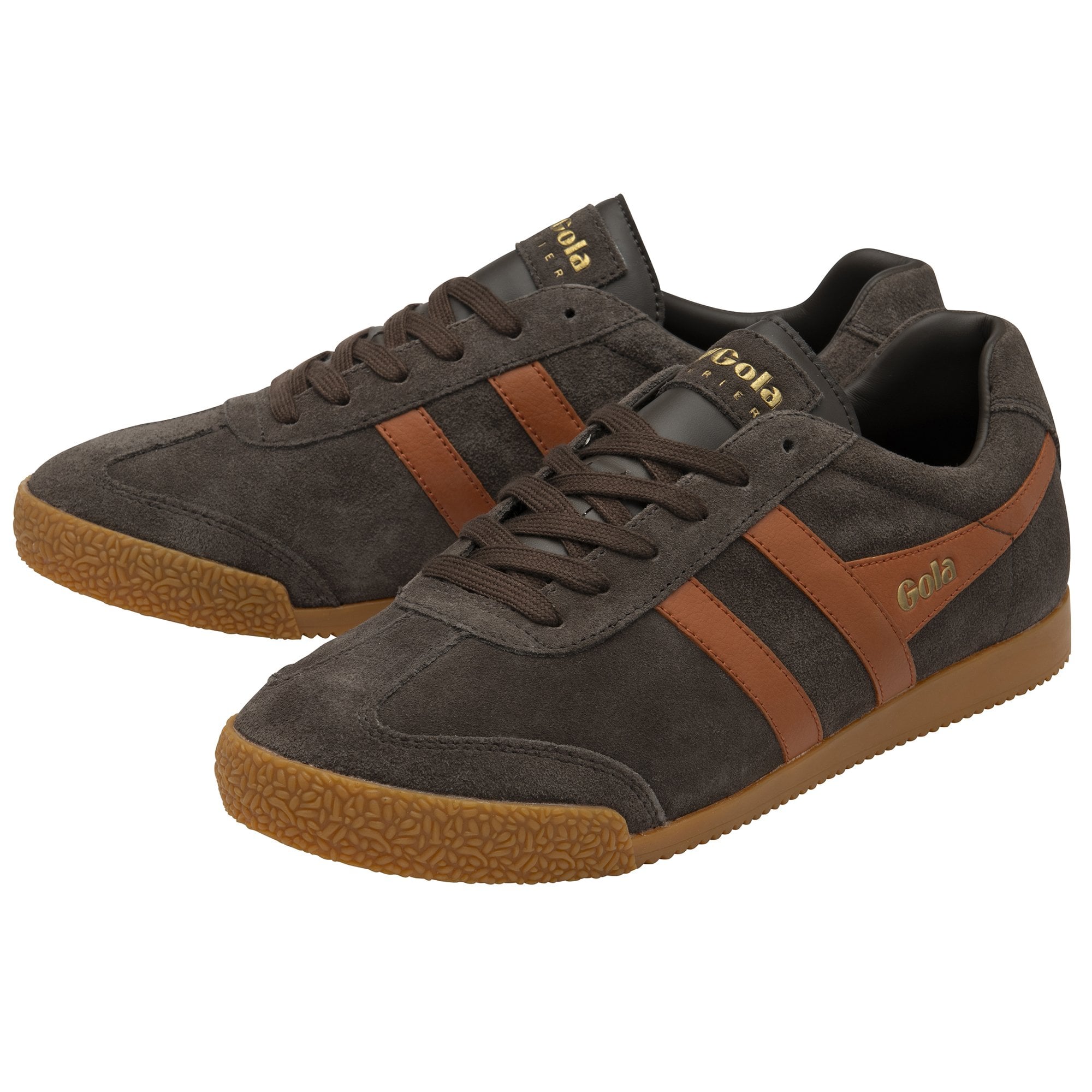 Pair of Gola men's shoes in dark brown with tan stripes and gum soles.