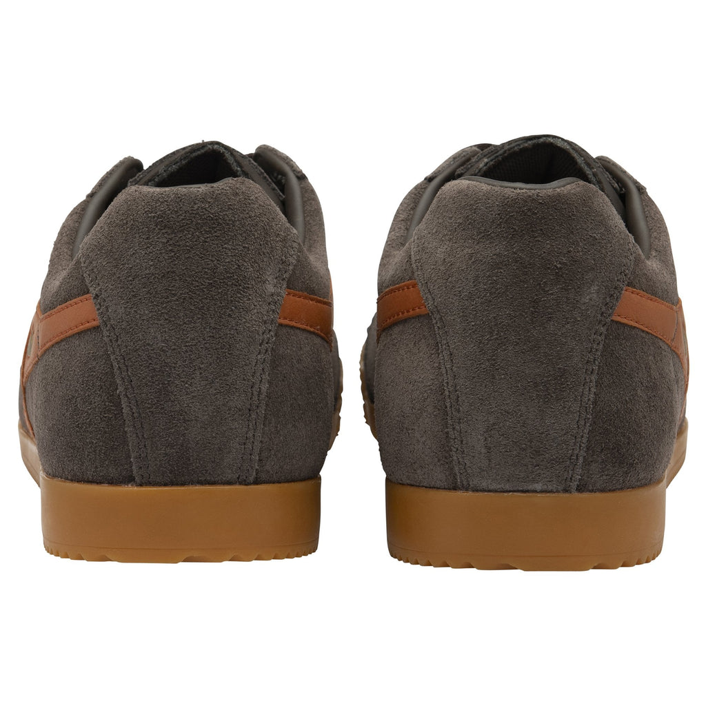 Back view of a pair of Gola men's shoes in dark brown with tan stripes.
