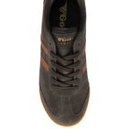 Top down view of a Gola men's shoe in dark brown with tan stripes and brown laces.