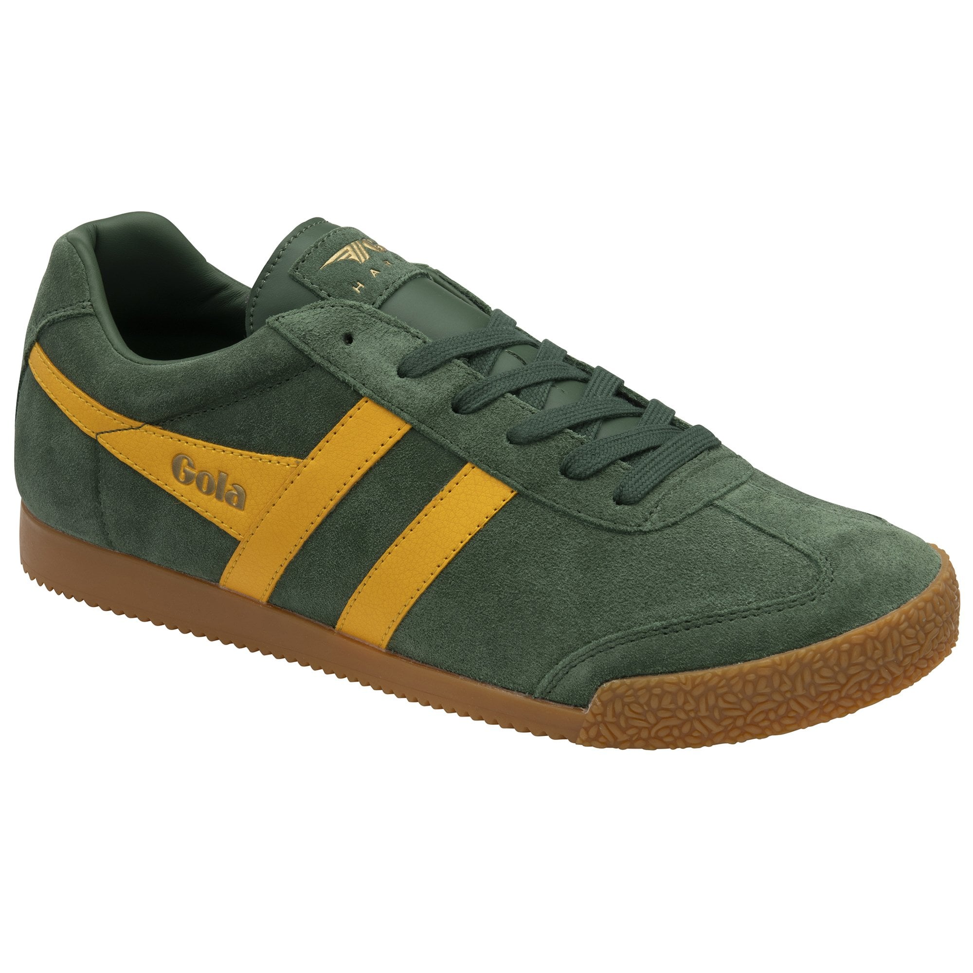 Men's dark green Gola sneakers with gold stripes and a gum sole, viewed from the side.