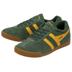 Pair of men's dark green Gola sneakers with gold stripes and a gum sole.