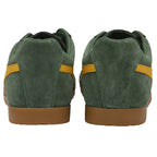 Back view of a pair of men's dark green Gola sneakers with gold stripes and a gum sole.