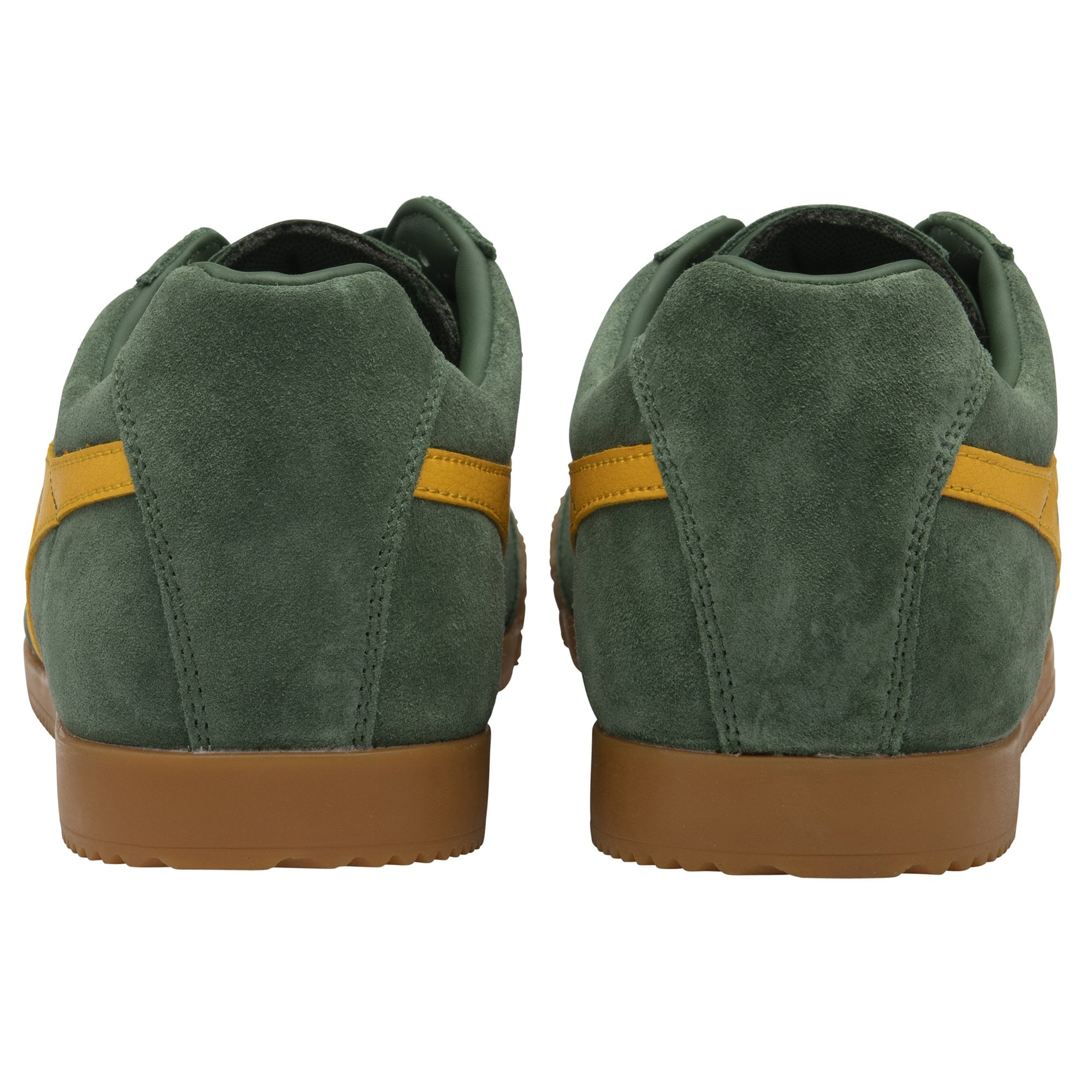 Back view of a pair of men's dark green Gola sneakers with gold stripes and a gum sole.