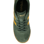 Top down view of men's dark green Gola sneakers with gold stripes and a gum sole.