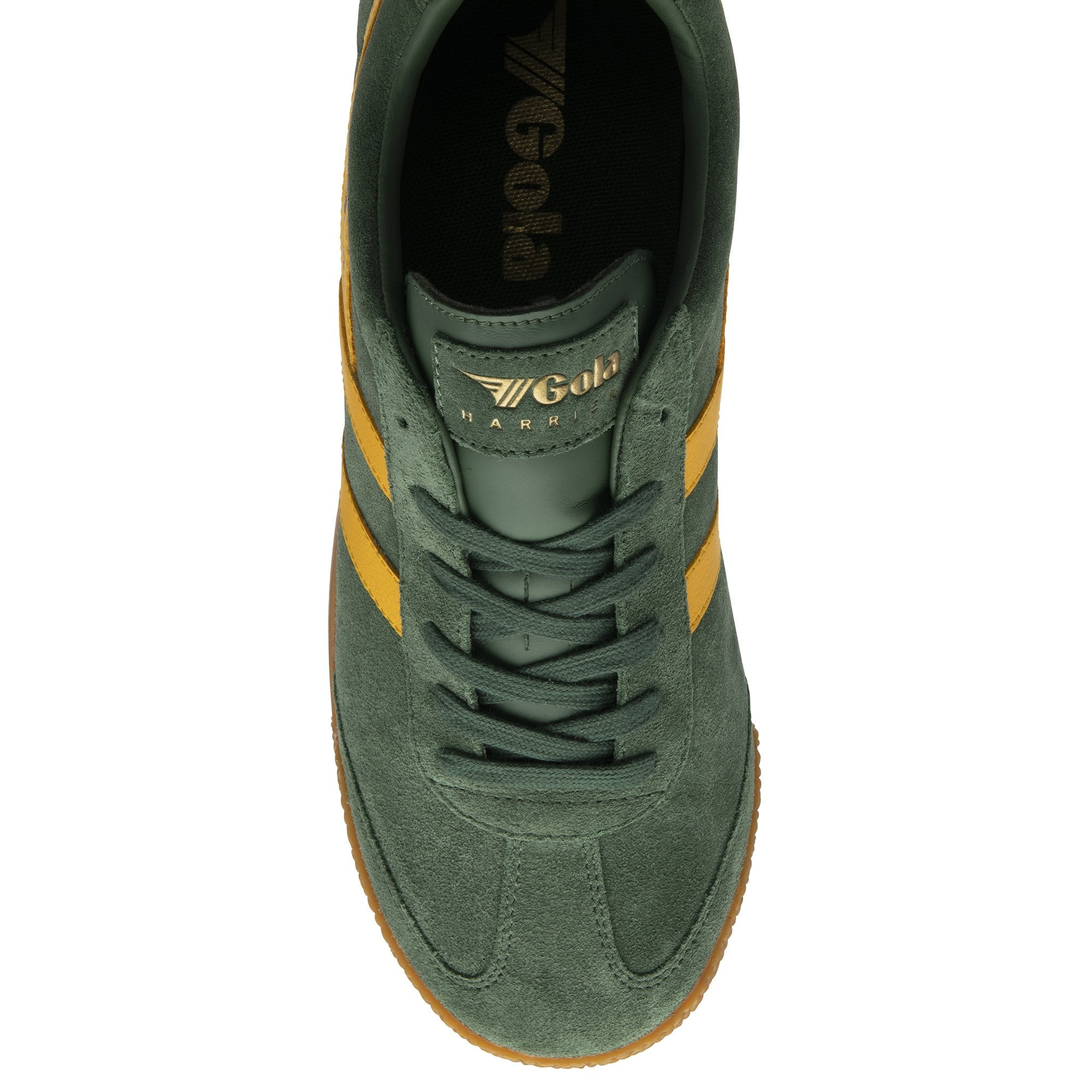 Top down view of men's dark green Gola sneakers with gold stripes and a gum sole.