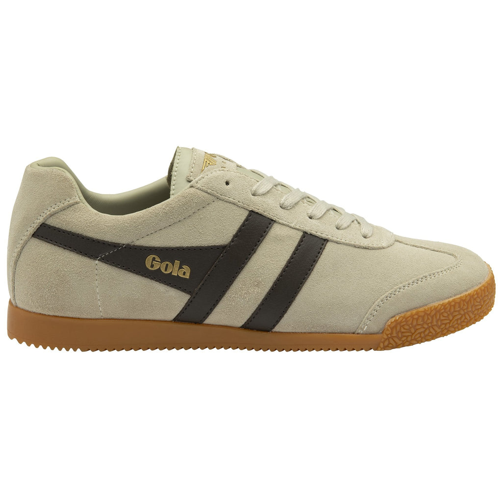 A single Gola Harrier trainer in light grey suede with two dark grey stripes on the side.
