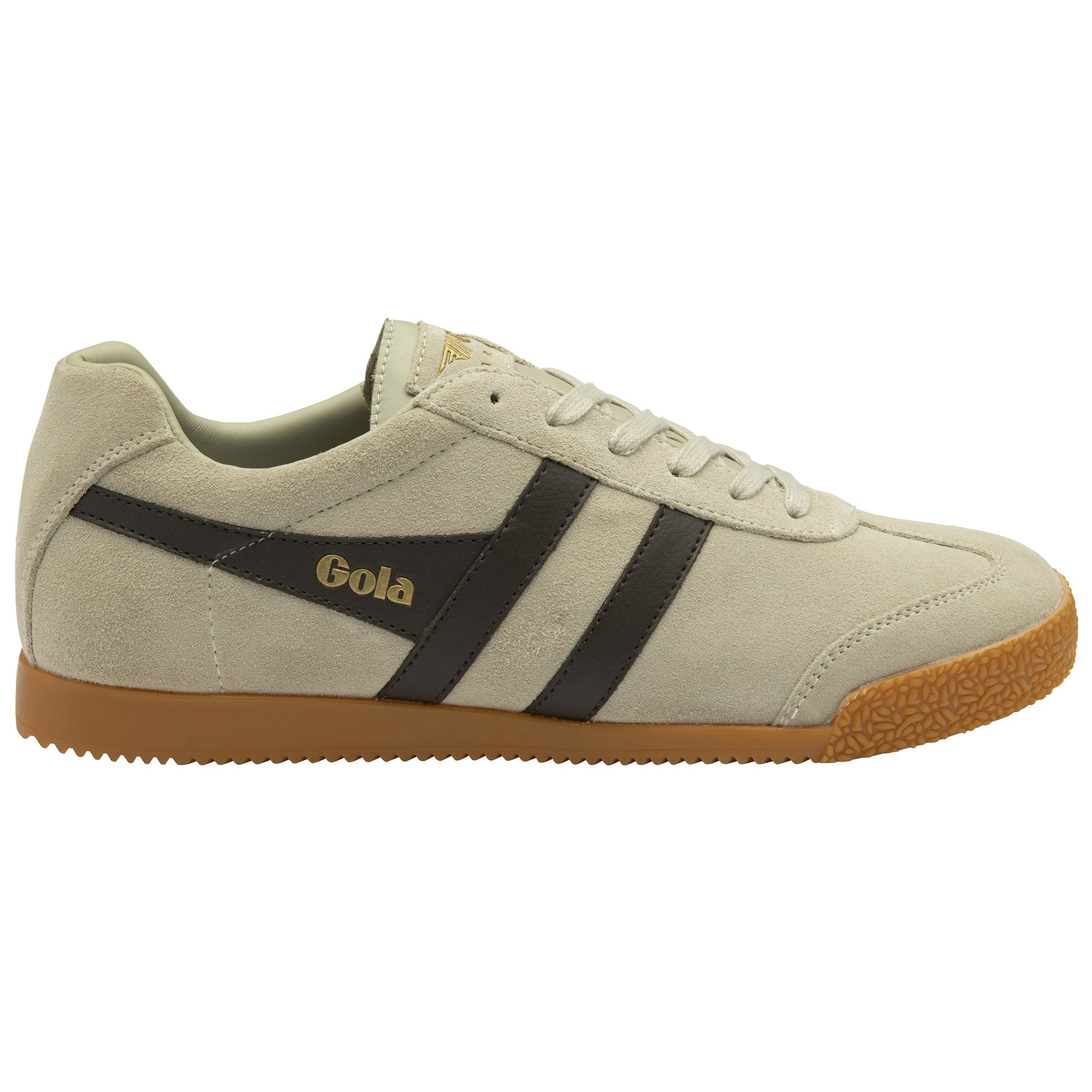 A single Gola Harrier trainer in light grey suede with two dark grey stripes on the side.