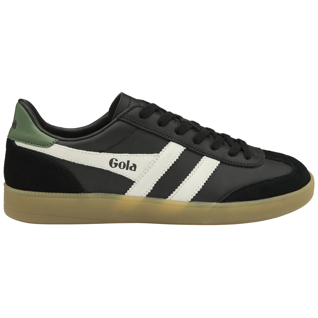 A black Gola sneaker with white stripes and a green heel on a white background.