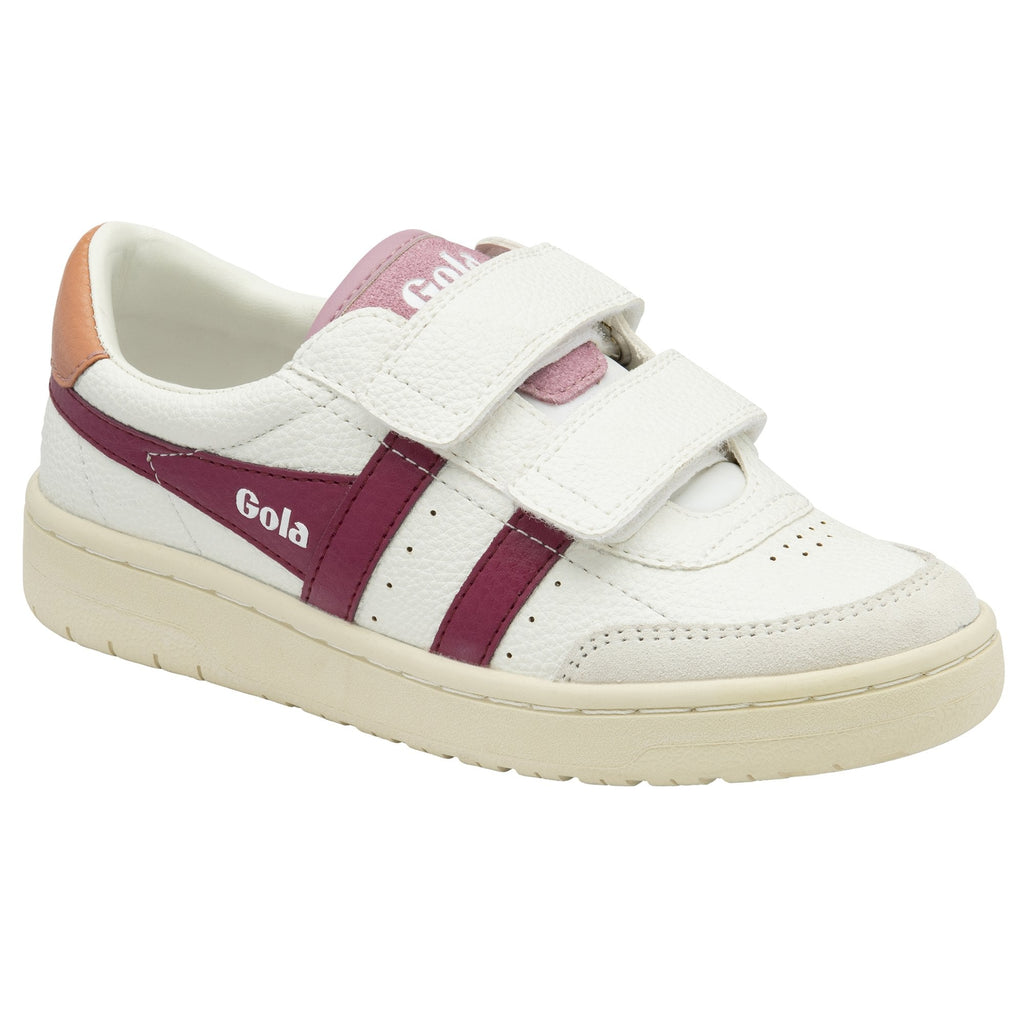 A white Gola children's sneaker with burgundy side stripes and hook-and-loop closure.