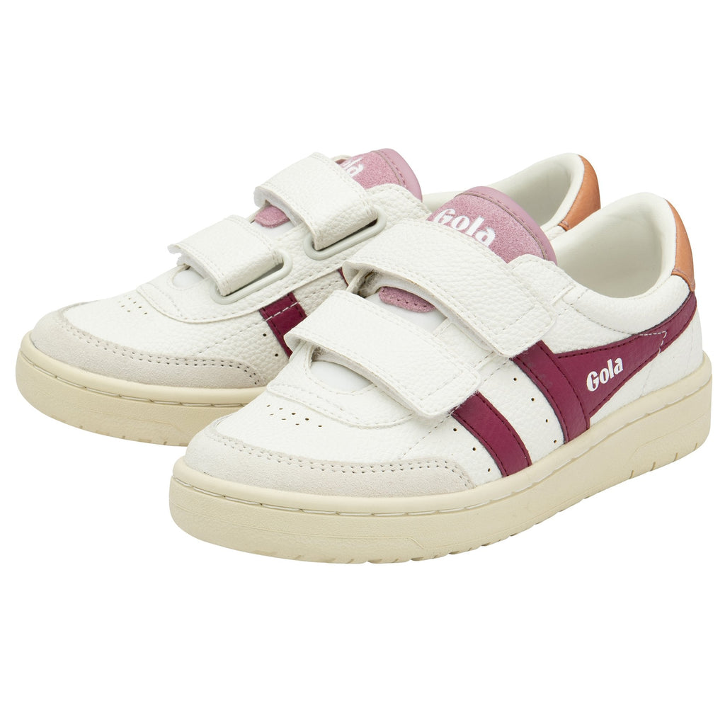 A pair of white Gola children's sneakers with burgundy accents and hook-and-loop straps.