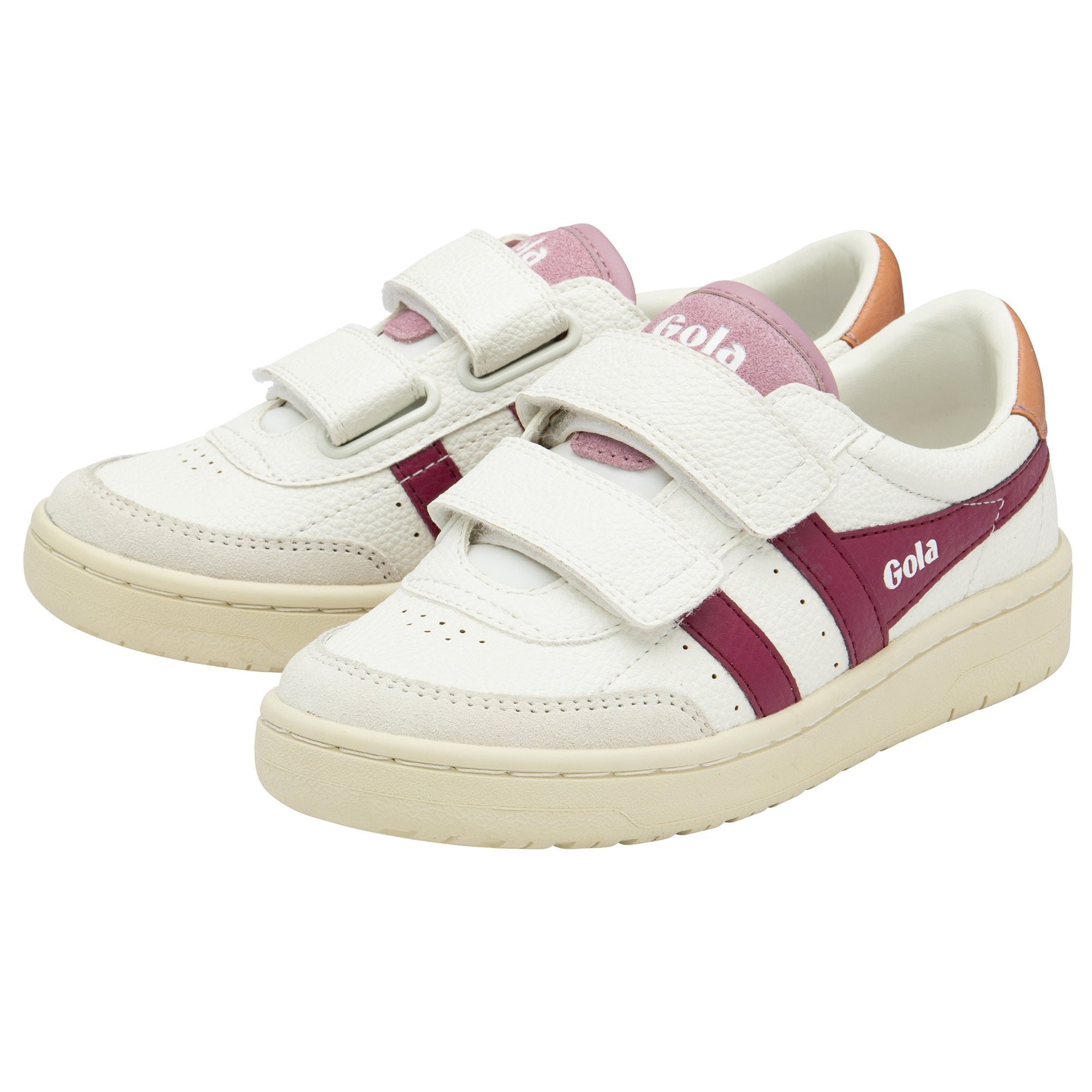 A pair of white Gola children's sneakers with burgundy accents and hook-and-loop straps.