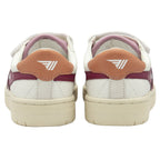 The back view of a pair of white Gola children's sneakers with brown heel tabs.