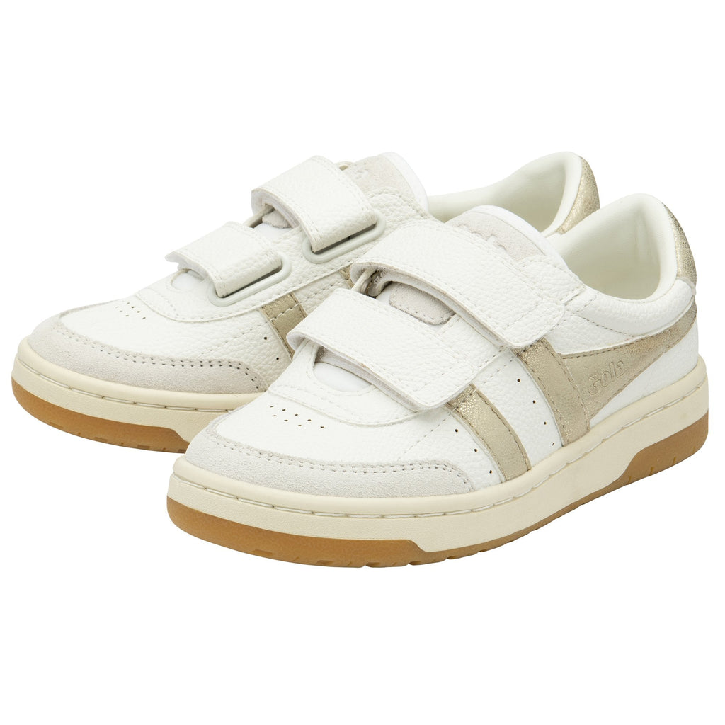 A pair of white Gola children's trainers with gold stripes. 