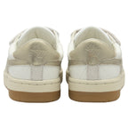 The back of a pair of white Gola children's trainers with gold heels. 