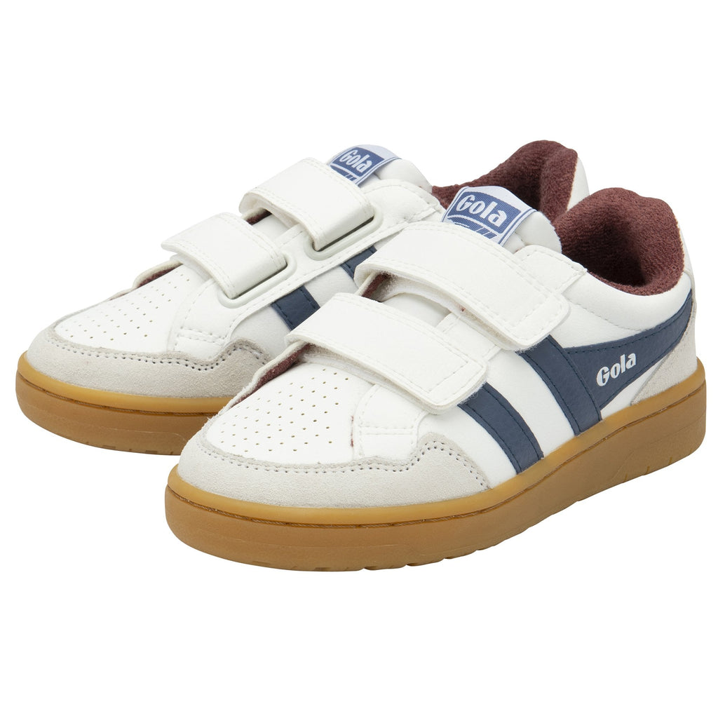 A pair of white Gola sneakers with blue stripes, velcro closures, and brown soles.