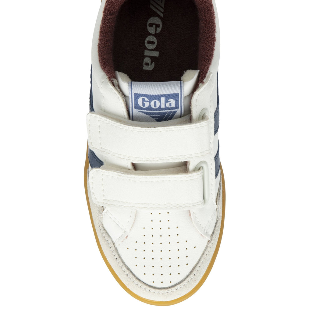Top-down view of a white Gola sneaker with blue stripes and velcro straps.