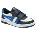 Side view of one Gola Kids' low-top sneaker in white, blue, and navy with hook and loop closure. 