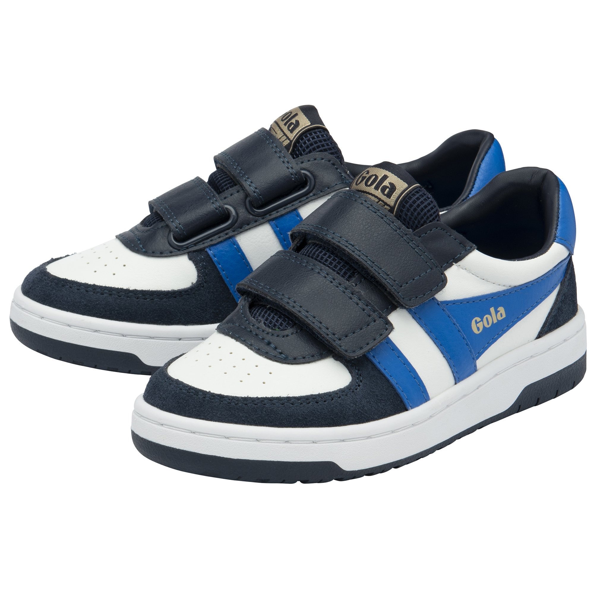 Side view of a pair of Gola Kids' low-top sneakers in white, blue, and navy with hook and loop closure.