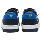 Rear view of a pair of Gola Kids' low-top sneakers in white, blue, and navy with hook and loop closure.