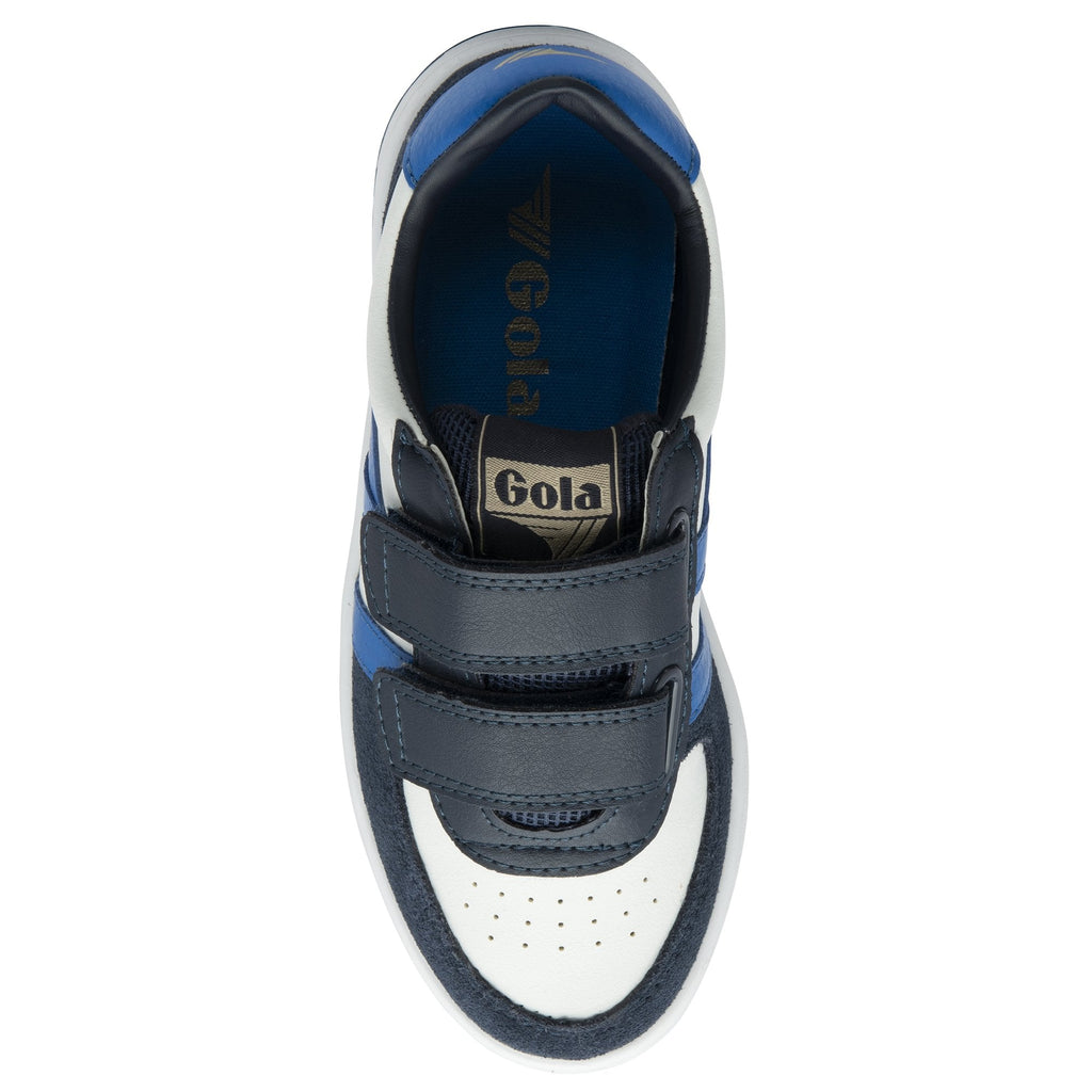Top view of one Gola Kids' low-top sneaker in white, blue, and navy with hook and loop closure.