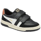 Angled view of a black Gola trainer with white stripes and a tan heel.