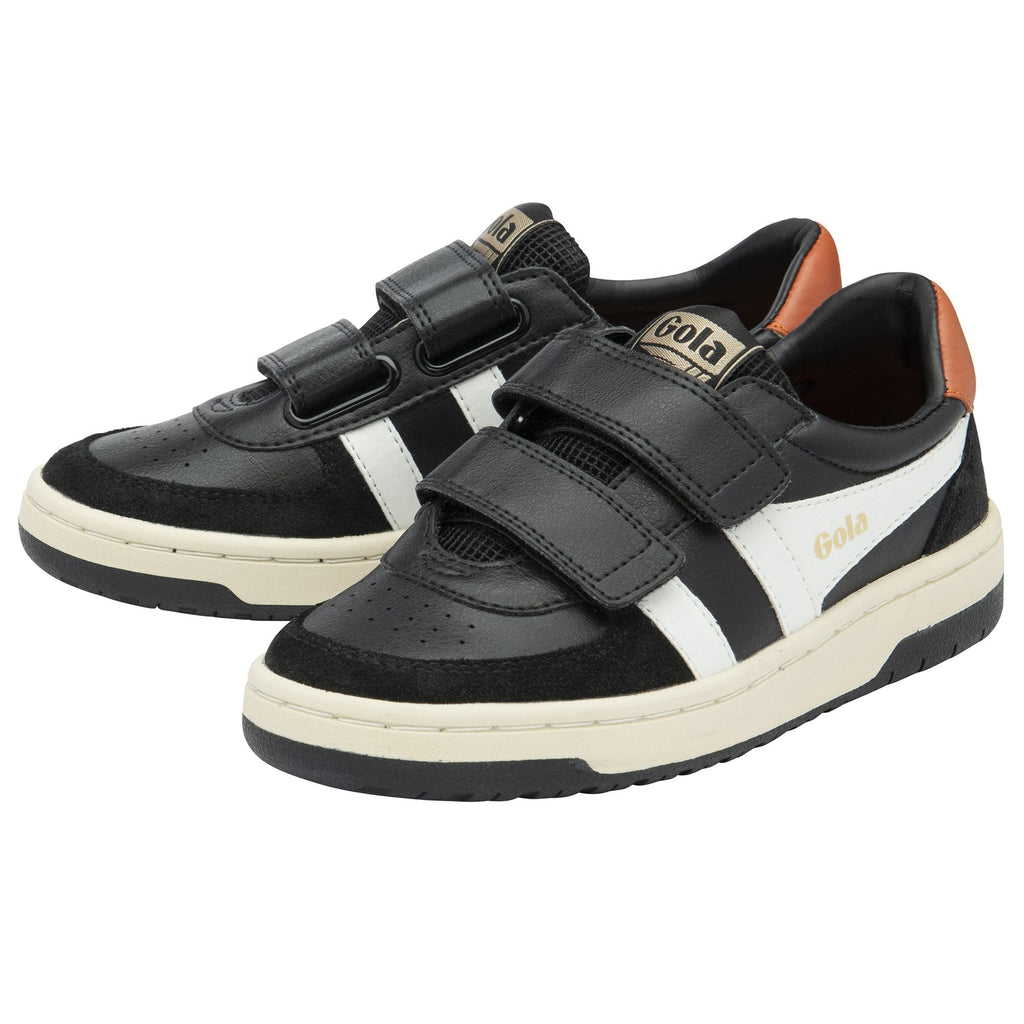 Pair of black Gola trainers with white stripes and tan heels.